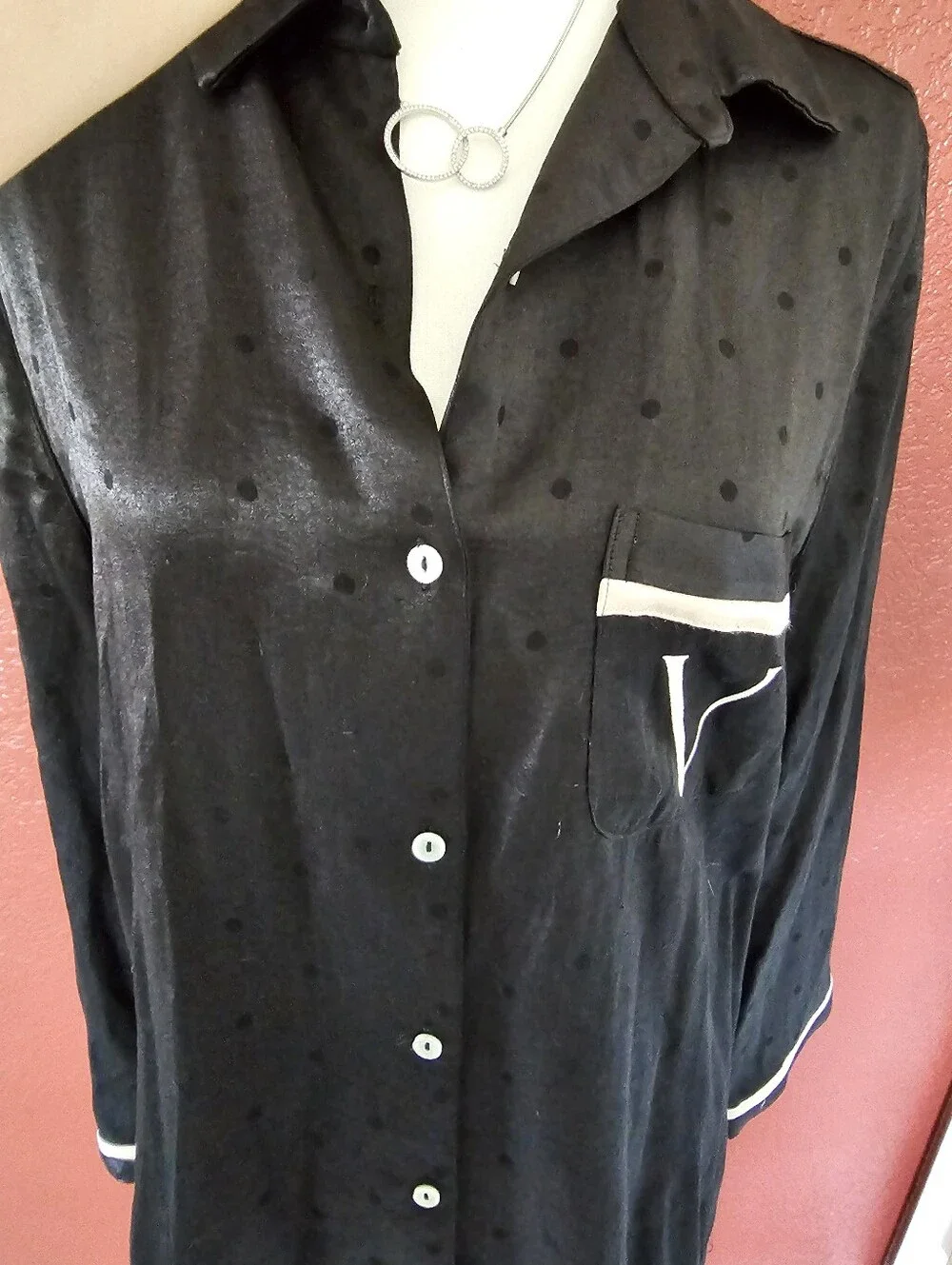 Victoria's Secret Black Satin Pajama Set with Cream Trim